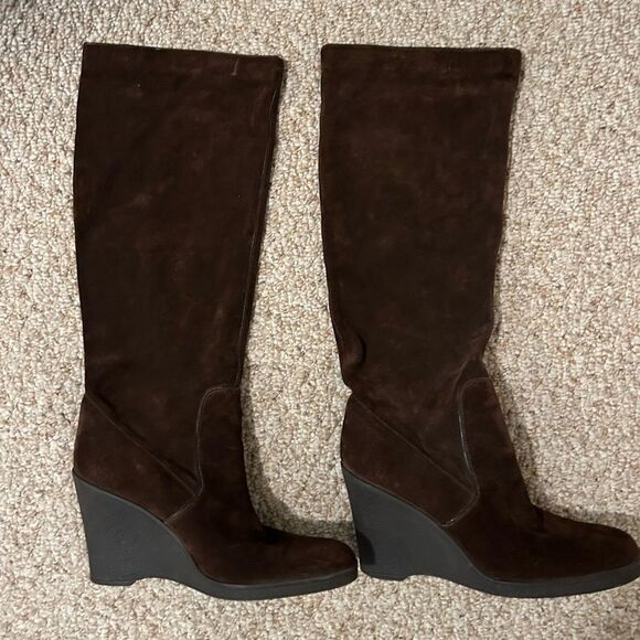 Calvin Klein Knee High Boots Womens Size 10 Wedge Heeled Brown Suede - Picture 1 of 4